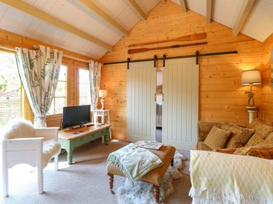 A wooden living room with seating a television and sliding doors at Willow Lodge in Potter Heigham