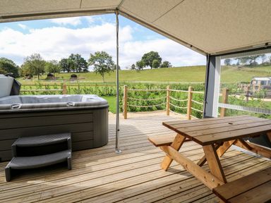 A covered wooden deck with a hot tub and picnic table overlooking a green fenced field at The Otter in Nantmel near Rhayader