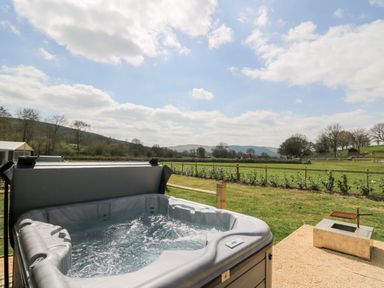An outdoor hot tub with bubbling water next to a fire pit in a grassy field with trees and hills in the background at The Otter in Nantmel near Rhayader