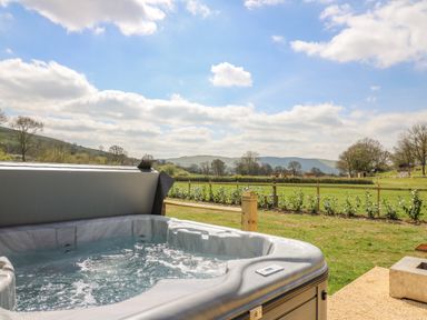 A hot tub with bubbling water outdoors with a view of a fenced grassy field and distant hills at The Heron in Nantmel near Rhayader