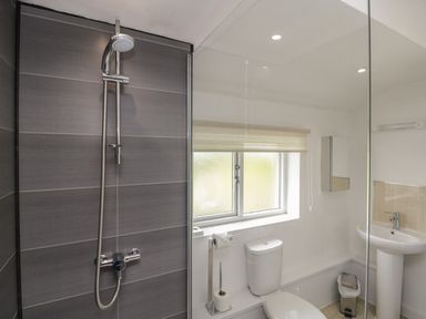 A bathroom with a shower and gray tiles a toilet with a paper holder and a pedestal sink at 9 Eamont Park in Penrith