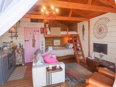 A small wooden room with a bunk bed a kitchen area a white sofa with pink cushions a brown armchair and a television at Sea Spray Lyme Regis