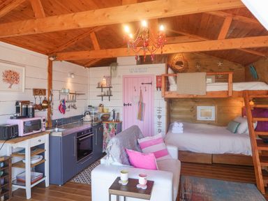 A wooden cabin interior with a kitchen area, a white sofa with pink pillows, and bunk beds at Sea Spray in Lyme Regis