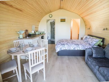 A combined living space with a dining table set for four a kitchen, a bed, a sofa, and a bathroom visible at Ailsa Craig in Hillhampton, Great Witley