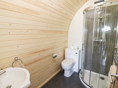 A bathroom with a sink toilet and curved glass shower enclosure at Ailsa Craig in Hillhampton Great Witley
