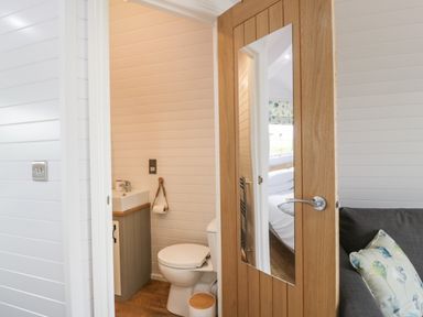 A small bathroom with a toilet sink and wooden door with mirror at Laird Lodge 3 in Lochmaben