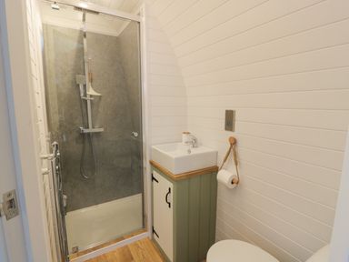 A bathroom with a shower enclosure a sink on a cabinet and a toilet at Laird Lodge 3 Lochmaben