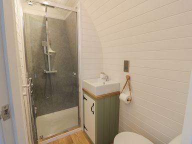 A bathroom with a shower enclosure sink and toilet at Laird Lodge 4 Lochmaben