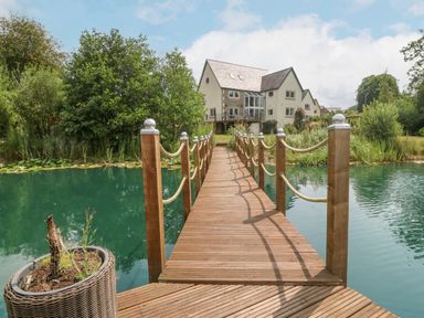 A wooden bridge over a pond leading to a house surrounded by trees and plants at Tan Yr Allt in Dolanog near Meifod Powys