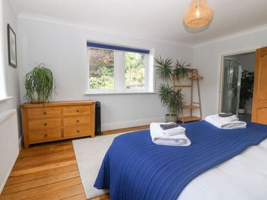 A bedroom with a bed covered by a blue blanket and folded towels on top a wooden dresser with a plant and a window showing greenery a wooden floor and a plant stand with hangers at Tan Yr Allt in Dolanog near Meifod Powys