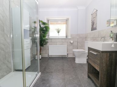 A bathroom with a shower cubicle a toilet a sink with cabinet a window and a potted plant at Tan Yr Allt in Dolanog near Meifod Powys