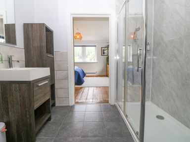 A bathroom with a shower enclosure and a sink cabinet looking into a bedroom with a bed and a wooden floor at Tan Yr Allt in Dolanog near Meifod Powys