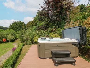 A hot tub with steps on a wooden deck surrounded by green trees and shrubs at Tan Yr Allt in Dolanog near Meifod Powys