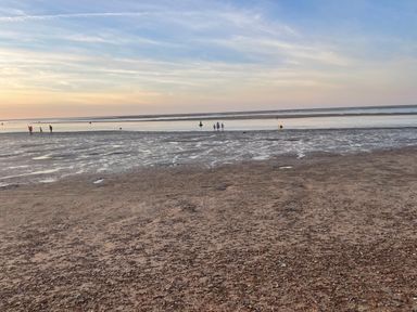 A beach with wet sand and people near shallow water at Jolly Sailors Retreat - Wells next the Sea in Wells-Next-The-Sea
