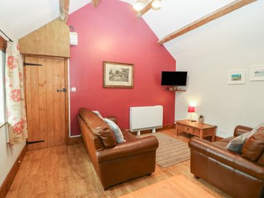 A living room with two brown leather sofas a wooden door a TV mounted on a red wall a wooden coffee table and framed pictures at Ty Gwenyn in Rhydwyn