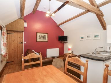 A living area with wooden chairs a table a brown sofa a television and a kitchen sink at Ty Gwenyn in Rhydwyn