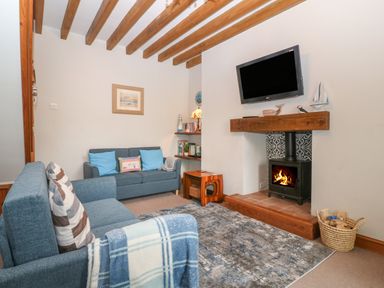 A living room with blue sofas a fireplace and a wall mounted TV at Ty Gwenyn in Rhydwyn