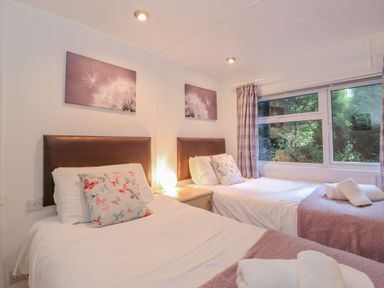 A bedroom with two single beds with white bedding and butterfly cushions at Fell Foot Lodge Fellside 9 Limefitt Park near Troutbeck
