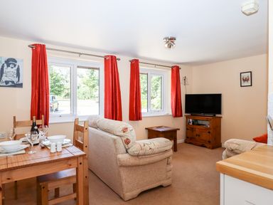 A living room with a dining table set with dishes two windows with red curtains a television on a stand and two beige sofas at Little Rowan at Rowan Park Farm in Ashwater