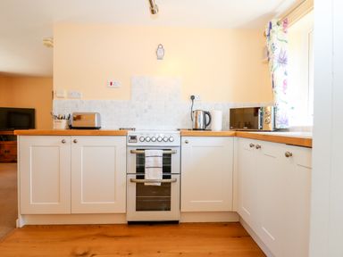 A kitchen with white cabinets a stove a microwave a toaster and a kettle at Little Rowan at Rowan Park Farm in Ashwater