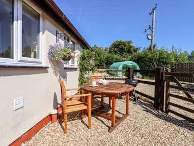 An outdoor area with a wooden table and chair and a hanging flower pot next to a house with white walls and windows at Little Rowan at Rowan Park Farm in Ashwater