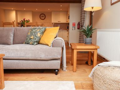 A sofa with cushions and a throw next to a wooden side table with a plant and a lamp in a living area at Little Orchard in Ashburton Down near Ashburton