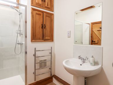 A bathroom with a shower area a sink with a mirror wooden cabinets and a towel rack at Little Orchard in Ashburton Down near Ashburton