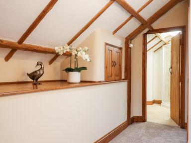 A hallway with wooden beams a carpeted floor a railing with a plant and a duck sculpture next to an open door at Little Orchard in Ashburton Down near Ashburton