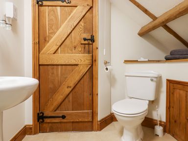 A bathroom with a wooden door a toilet a sink and wooden beams at Little Orchard in Ashburton Down near Ashburton