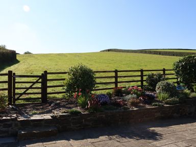 A garden bed with flowers and bushes behind a wooden fence with a gate and a grassy field beyond at Little Orchard in Ashburton Down near Ashburton