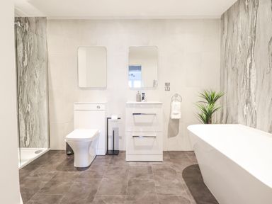 A bathroom with a toilet, sink, two mirrors, a bathtub, a plant, and a shower at Aelfor in Harlech
