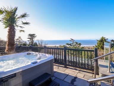 An outdoor hot tub on a tiled patio with palm tree and ocean view behind a black railing at Aelfor in Harlech