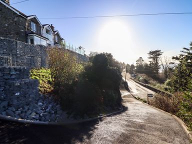 A road leading to houses with stone walls and bushes on the side at Aelfor in Harlech
