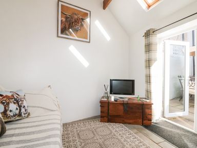 A small living room with a couch a wooden chest TV and an open door leading outside at Bluebell Cottage in Flamborough