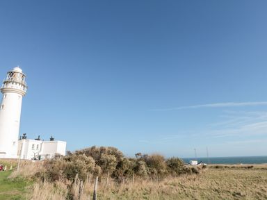 A white lighthouse near a grassy field and bushes with the ocean and blue sky in the background at Bluebell Cottage in Flamborough