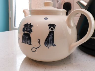 A teapot with illustrations of two dogs on a kitchen countertop