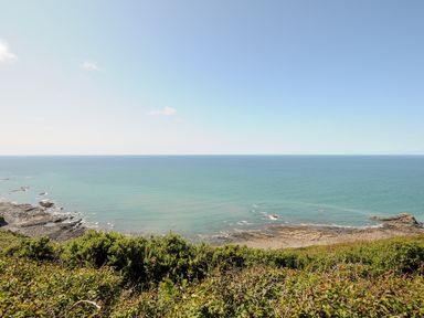 A coastline with rocky shore and green shrubbery overlooking the ocean at Lundy View Chalet in Widemouth Bay