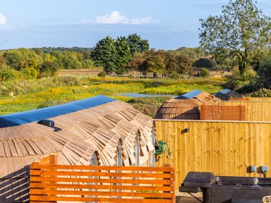 A row of wooden lodges with fences in front and trees and fields in the background at Indrek - Mayflower Meadow in Brandesburton