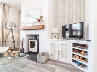 A living room with a wood burning stove lamp television and shelving at Chy An Mor Mevagissey