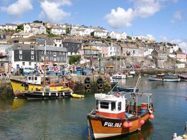 A harbor with fishing boats and houses on a hill at Chy An Mor in Mevagissey