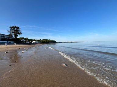 A sandy beach with small waves and people walking near trees and houses at Old Orchard in Saundersfoot