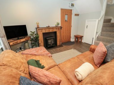 A living room with a brown couch a television a wooden door and carpeted stairs at Dodds Nook in Alnwick