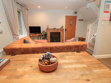 A living room with a brown sofa facing a wooden fireplace and a TV on a stand at Dodds Nook in Alnwick