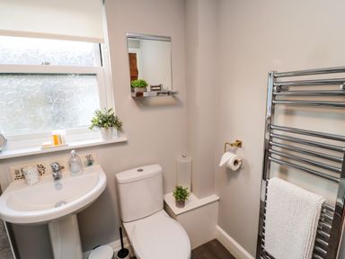 A bathroom with a white sink toilet and towel warmer at Dodds Nook in Alnwick