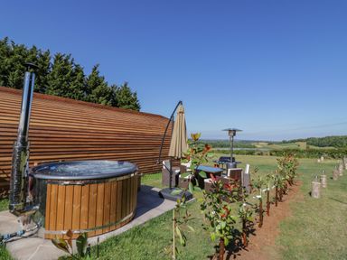 An outdoor area with a wooden hot tub a table with chairs an umbrella and young plants in a garden at Tamina in Hillhampton Great Witley