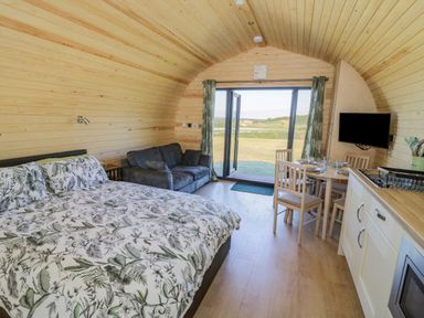 A compact wooden room with a bed sofa dining table kitchen and glass doors opening to a field at Tamina in Hillhampton Great Witley