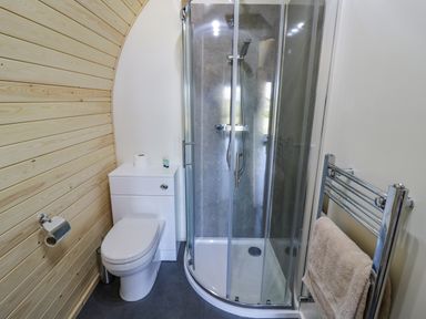 A bathroom with a corner shower enclosure a toilet with a cabinet and a towel rack with a towel at Tamina Hillhampton Great Witley