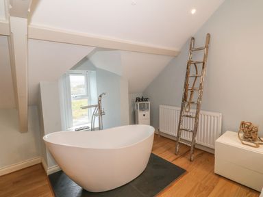 A bathroom with a freestanding bathtub a wooden ladder and a small white cabinet at Fishermans Cottage in Malltraeth