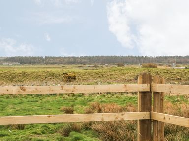 A wooden fence with grassy fields and trees in the background at Fishermans Cottage in Malltraeth