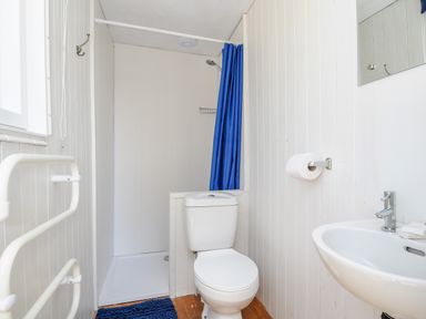 A bathroom with a toilet sink and shower with a blue curtain at Shepherds Hut Boconnoc near Lostwithiel